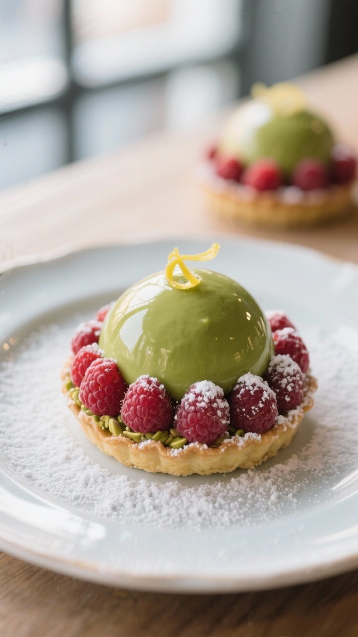 Final dish presentation: Elegant single tartlet plated on a small porcelain dessert plate, pistachio