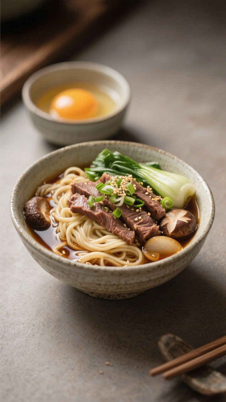 Final dish presentation: Individual serving bowl of sukiyaki styled for the table—nest of shiratak