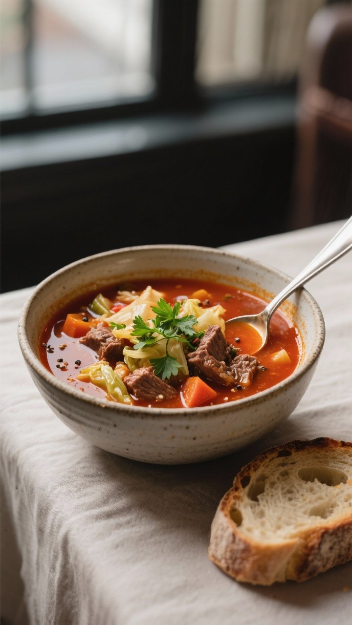 Final dish presentation: Restaurant-quality bowl of Hearty Cabbage Beef Soup, garnished with freshly