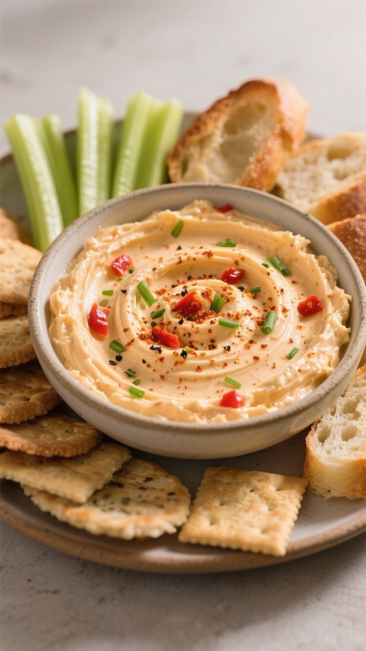 Final dish presentation: Restaurant-quality pimento cheese spread in a shallow ceramic bowl, swirled