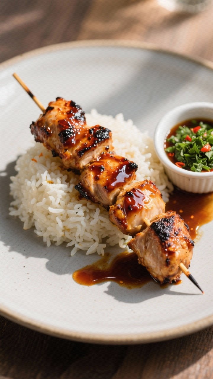 Final dish presentation: Restaurant-quality plate of chicken skewers brushed with a glossy smoky BBQ