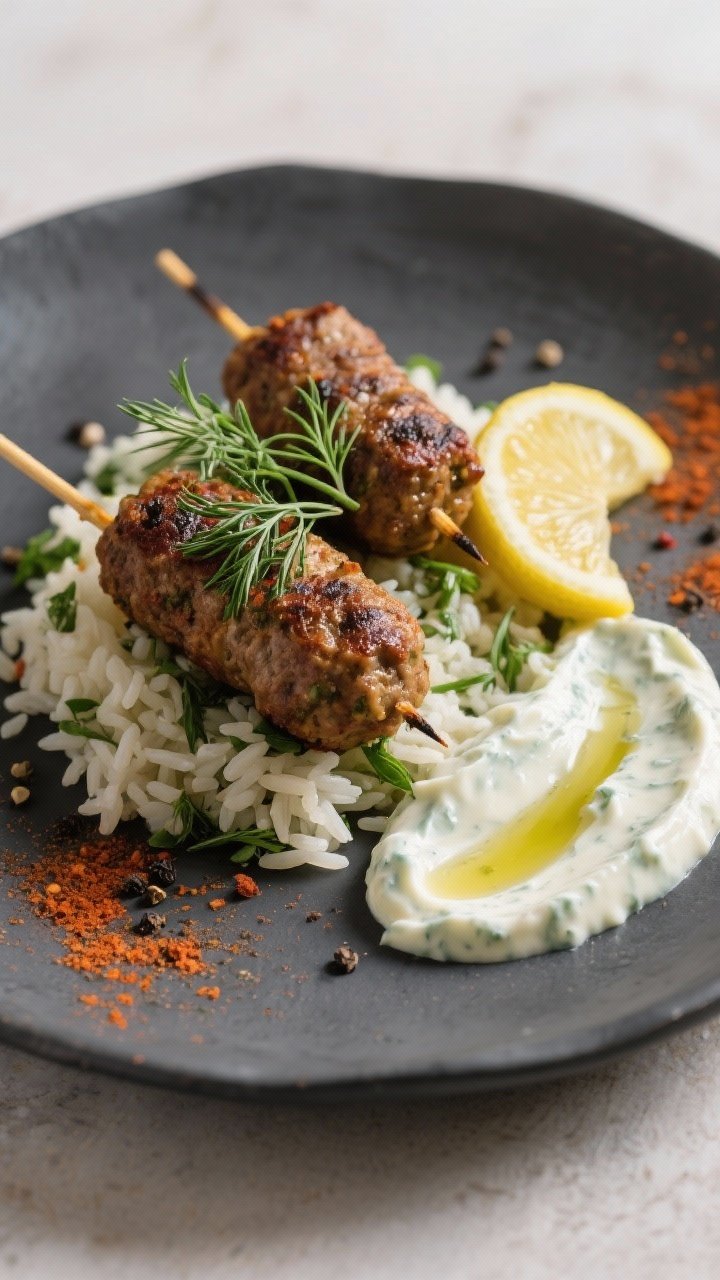 Final dish presentation: Restaurant-quality plate of two kofta kebabs atop herbed rice, a swoosh of 