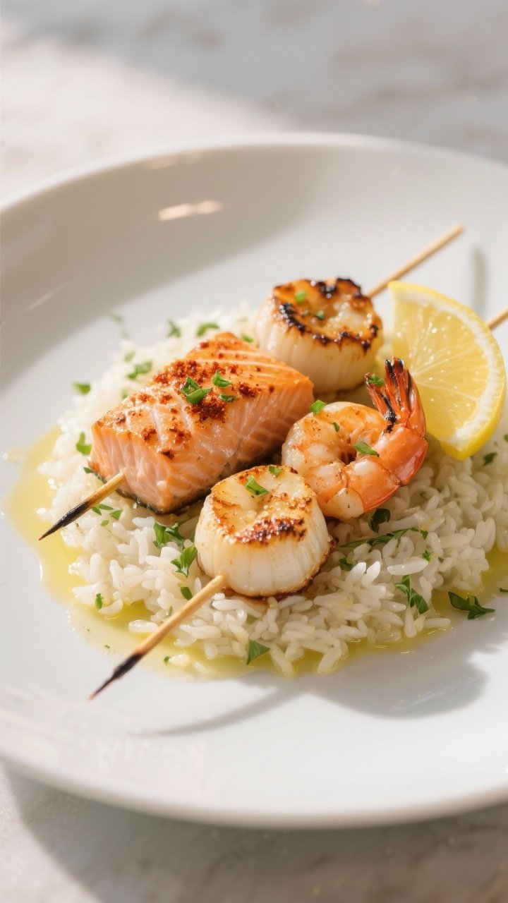 Final dish presentation: Restaurant-quality plate with two seafood skewers laid over a bed of herbed