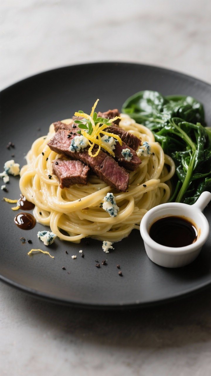 Final dish presentation: Restaurant-quality plate of Steak Gorgonzola Alfredo—velvety pasta twirle