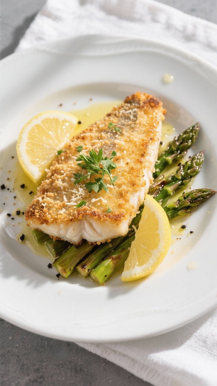 Final dish presentation: Restaurant-quality plated Parmesan-crusted tilapia on a white ceramic plate