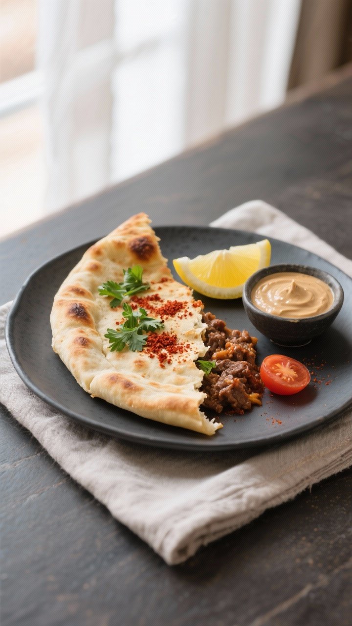 Final dish presentation: Restaurant-quality plating of large lahmajeen fatayer on a matte charcoal p