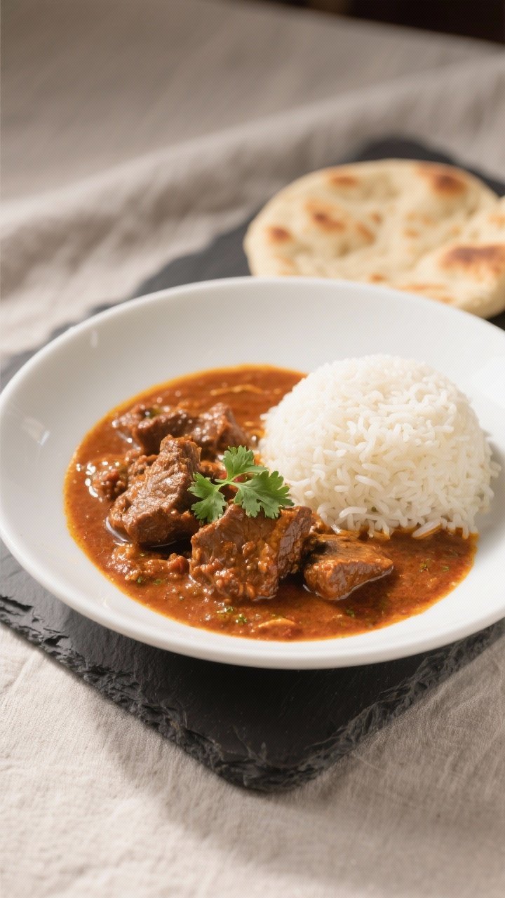 Final dish presentation: Restaurant-quality plating of spicy beef vindaloo in a shallow white bowl, 
