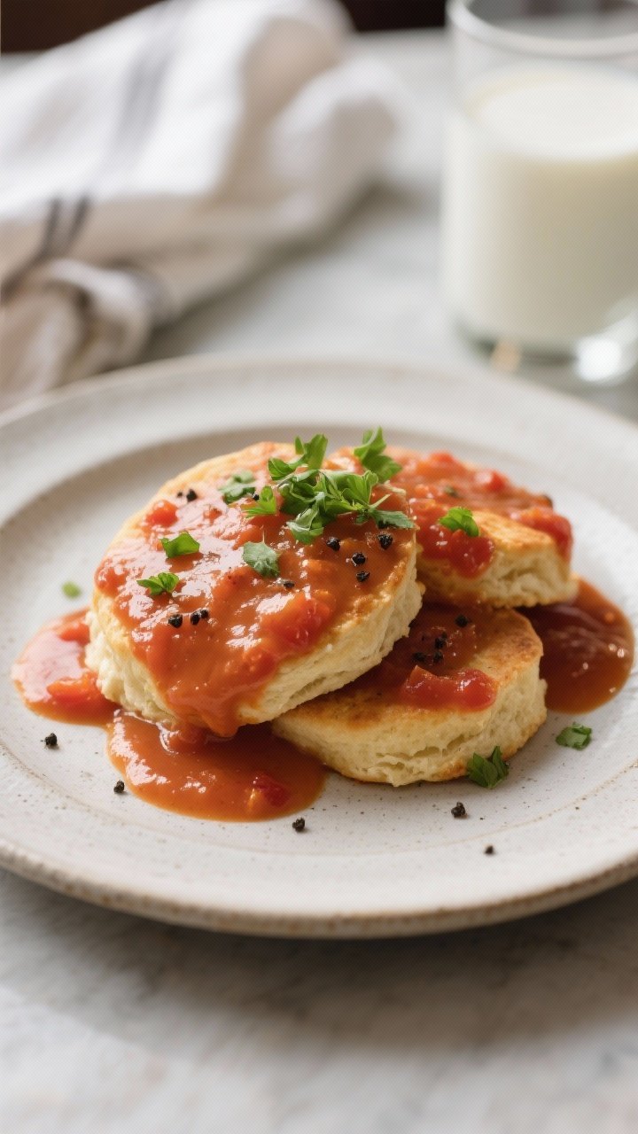 Final dish presentation: Restaurant-quality plating of tomato gravy over biscuits on a matte stonewa