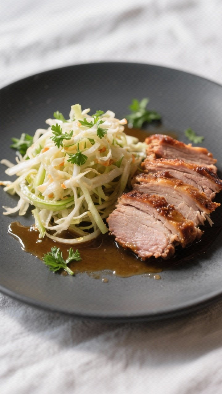 Final dish presentation: Restaurant-quality plating of vinegar coleslaw mounded beside sliced pulled