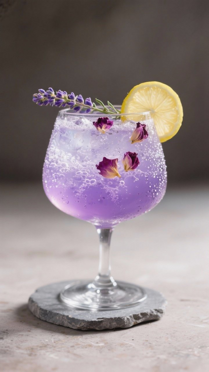 Final dish presentation: Restaurant-quality portrait of the finished mocktail in a stemless wine gla