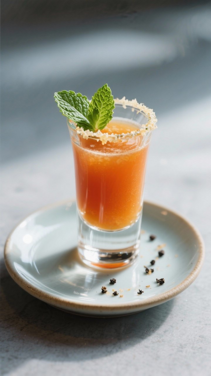 Final dish presentation: Restaurant-quality single ginger shot served in a clear shooter glass on a 