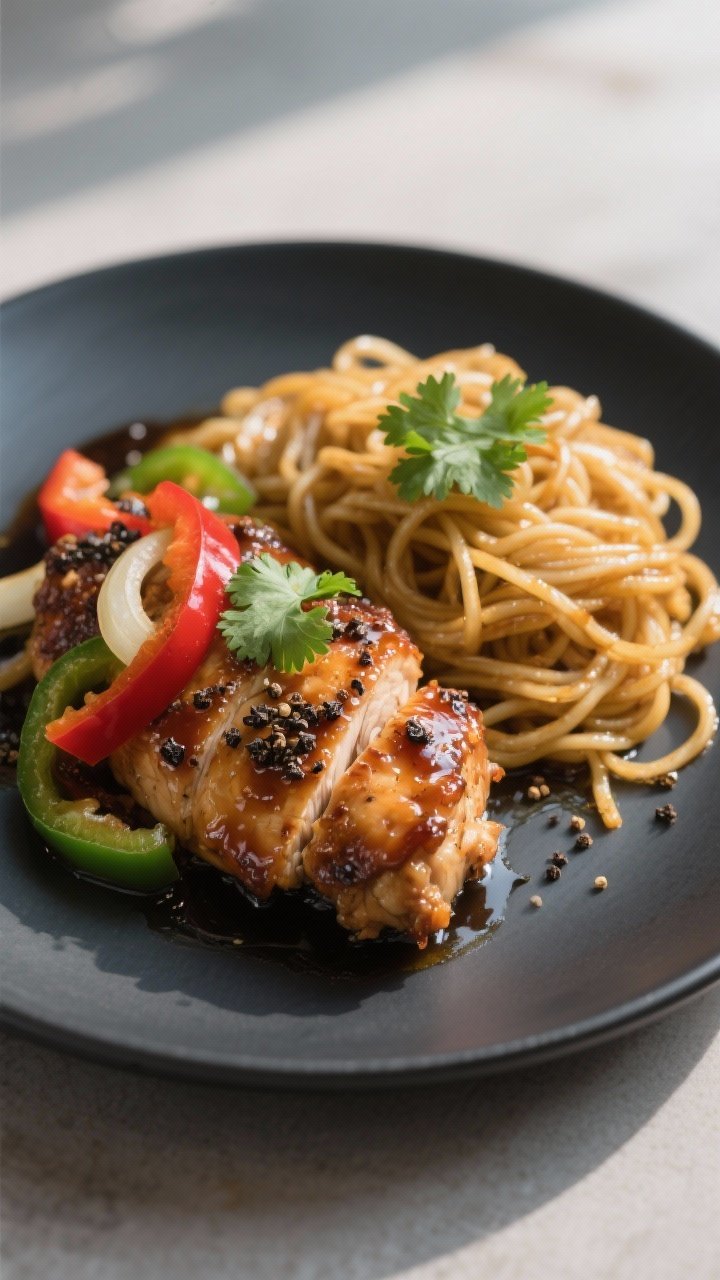 Final dish presentation: Restaurant-style plating of black pepper chicken alongside simple stir-frie