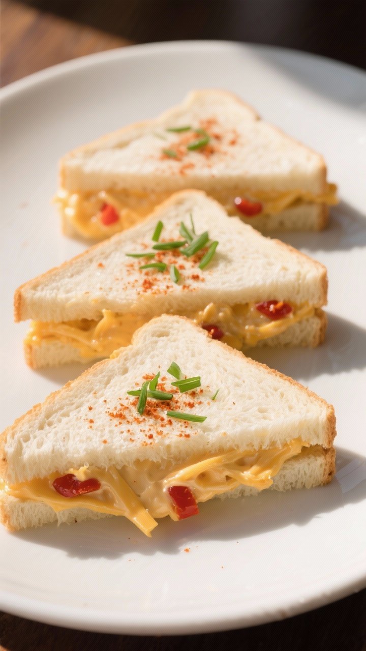 Final dish presentation: Southern pimento cheese tea sandwiches—soft white bread, crusts trimmed, 