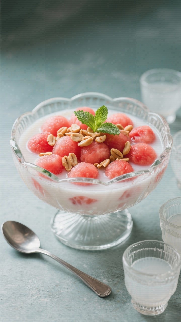 Final dish presentation: Traditional watermelon hwachae variation in a wide, shallow glass punch bow