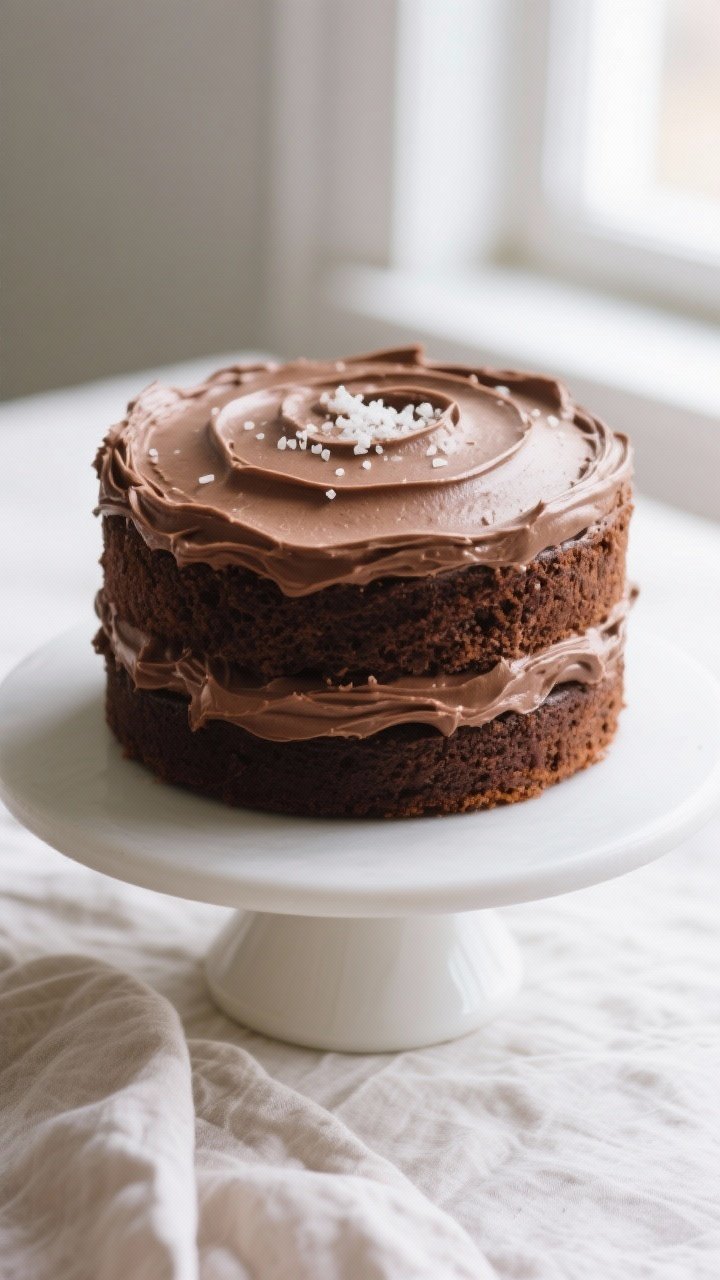 Final dish presentation: Two-layer 8-inch cake fully frosted with whipped chocolate buttercream, bea