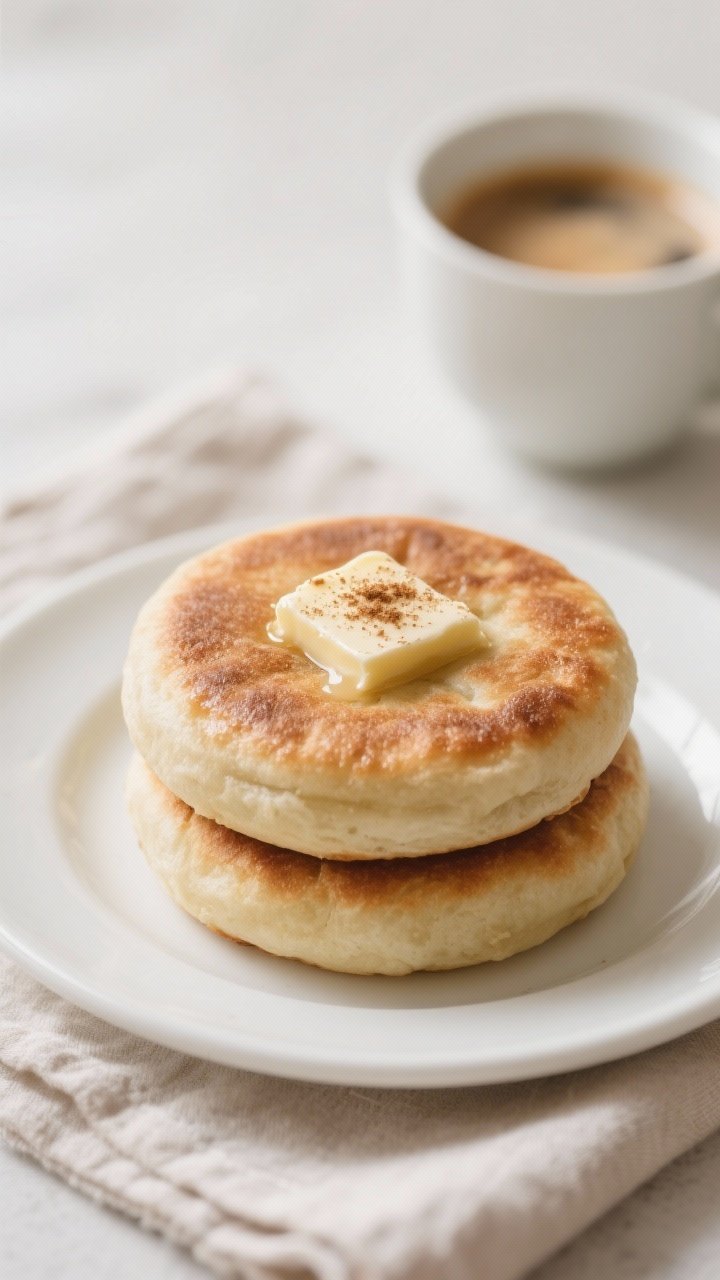 Final dish presentation: Two stacked hotteok on a simple white ceramic plate with a small pat of but