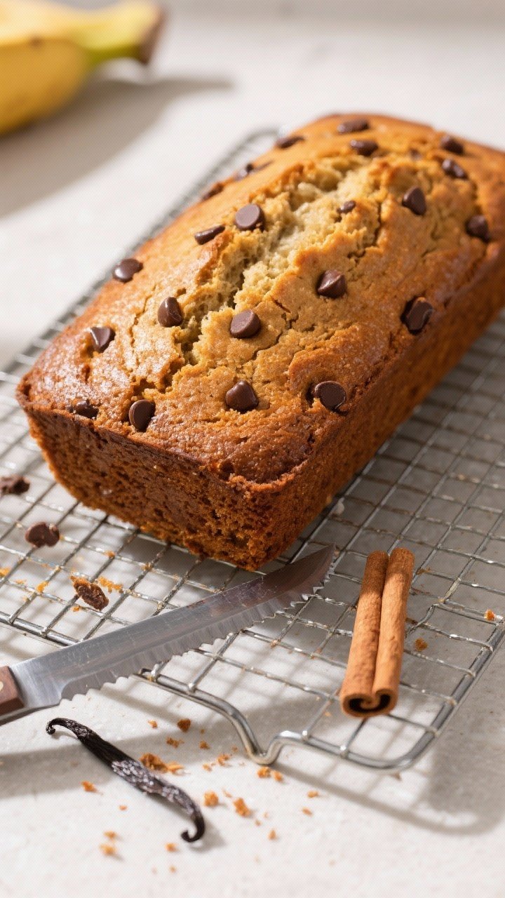 Final dish presentation: Whole baked loaf of chocolate chip banana bread cooling on a wire rack, gol
