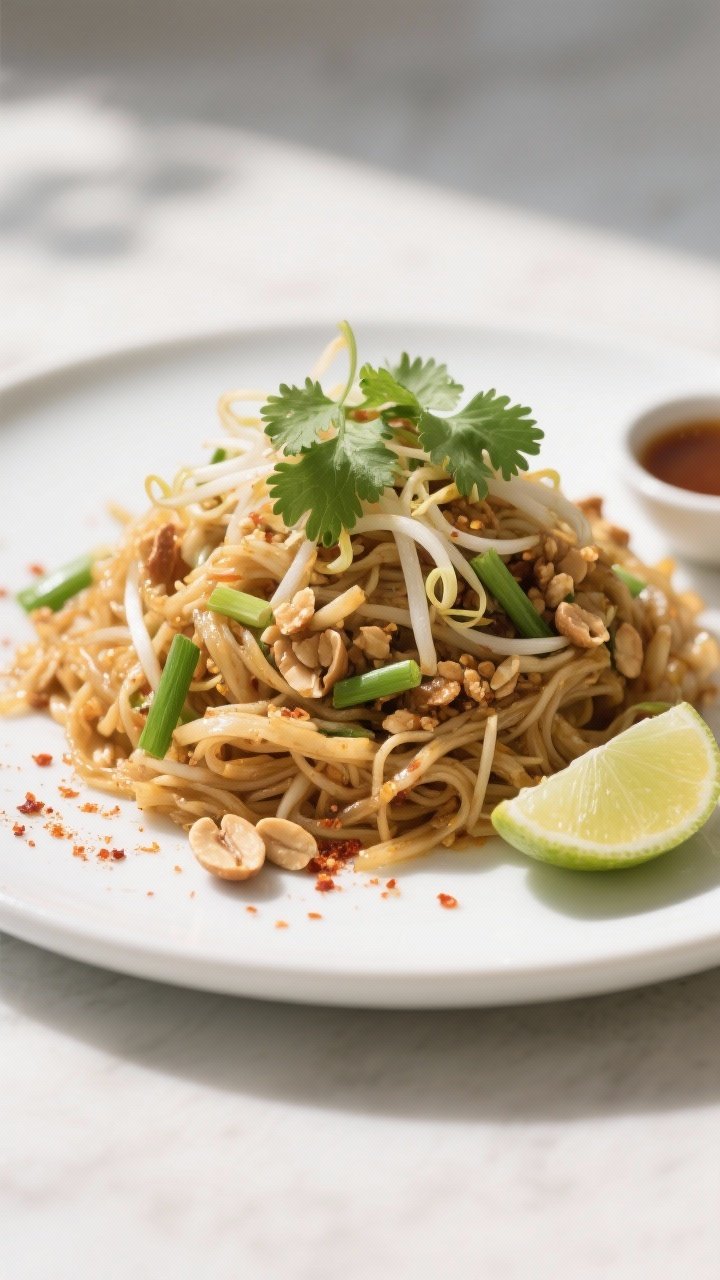 Final plated dish: Restaurant-quality presentation of vegan Pad Thai mounded high on a matte white p