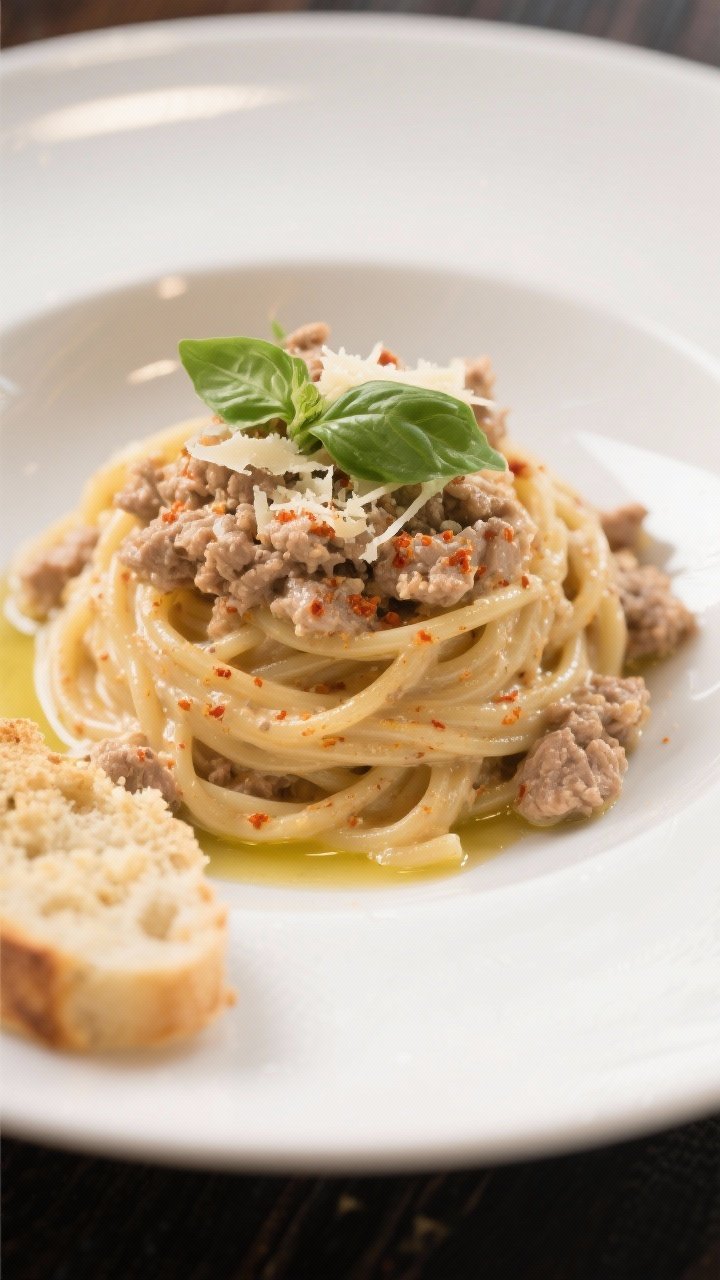 Final plated dish: Restaurant-quality presentation of creamy ground turkey pasta twirled into a neat