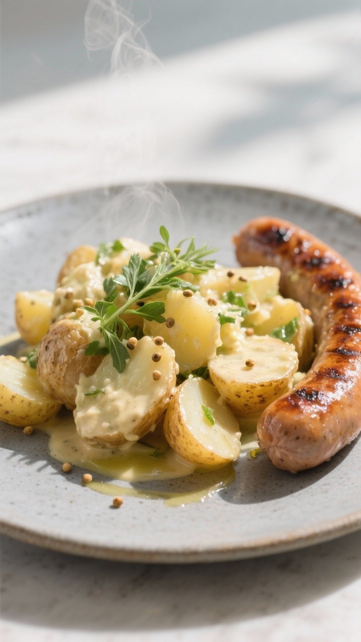 Final plated dish: Restaurant-quality presentation of the warm potato salad served alongside grilled