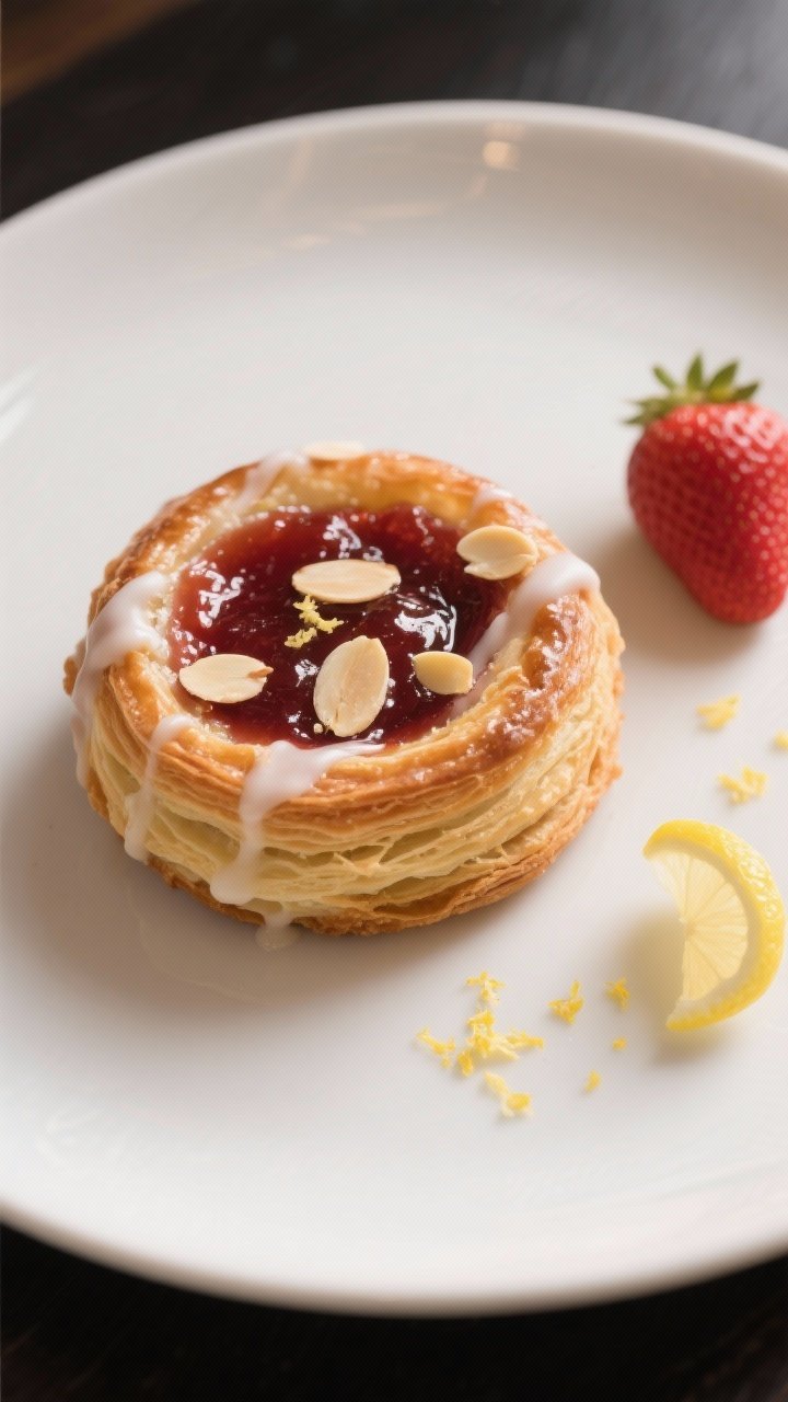 Final plated dish: Single strawberry Danish on a matte white plate with a faint icing drizzle and a 