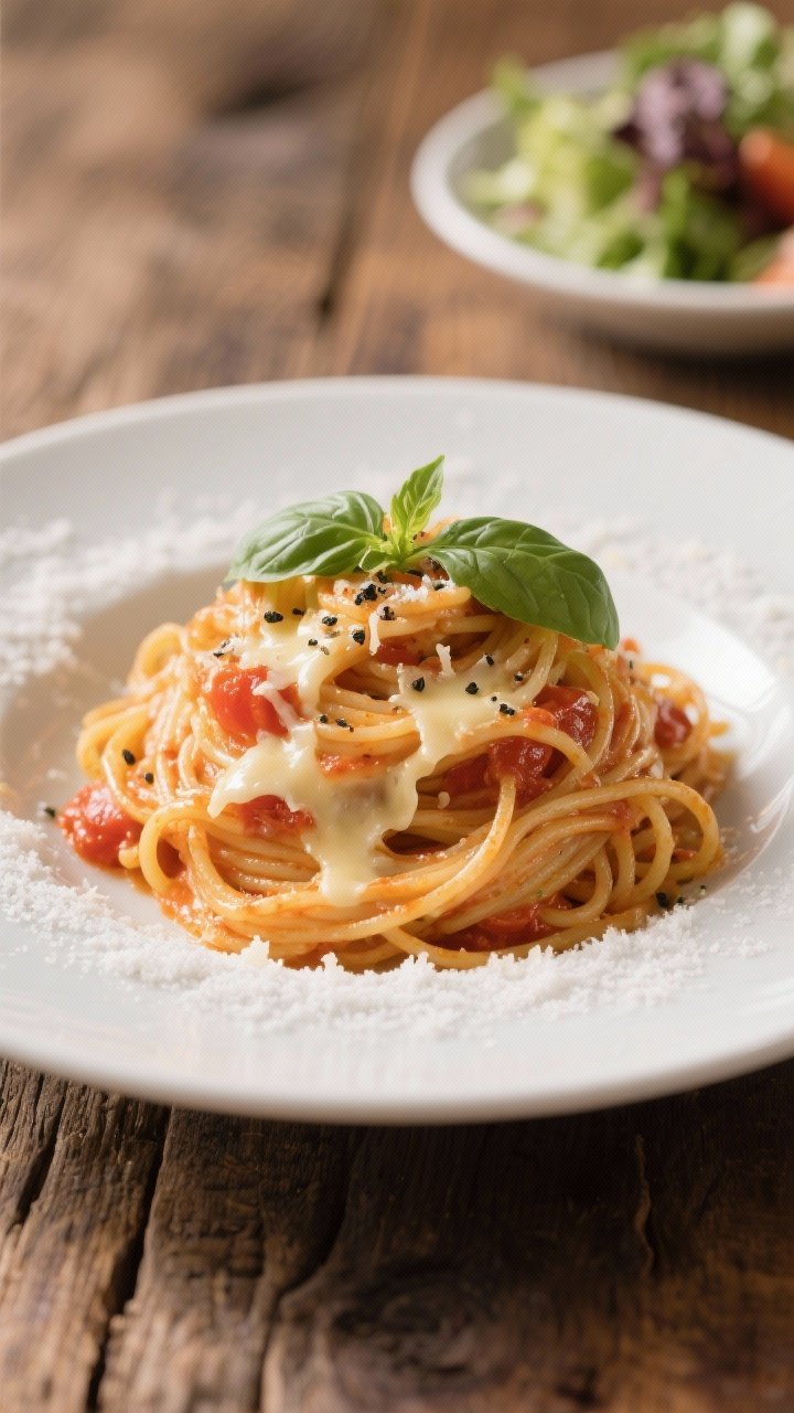 Final plated presentation: Restaurant-quality plate of creamy, cheesy spaghetti with a glossy tomato