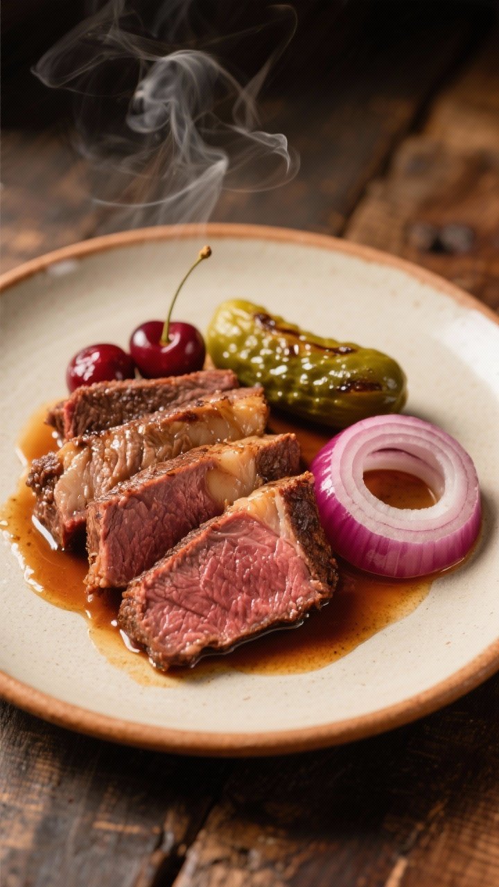 Final plated presentation: Restaurant-quality plate of mixed brisket slices (lean flat and juicier p