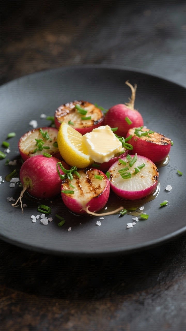 Final plated restaurant-style presentation: roasted radishes arranged as a composed side on a matte 