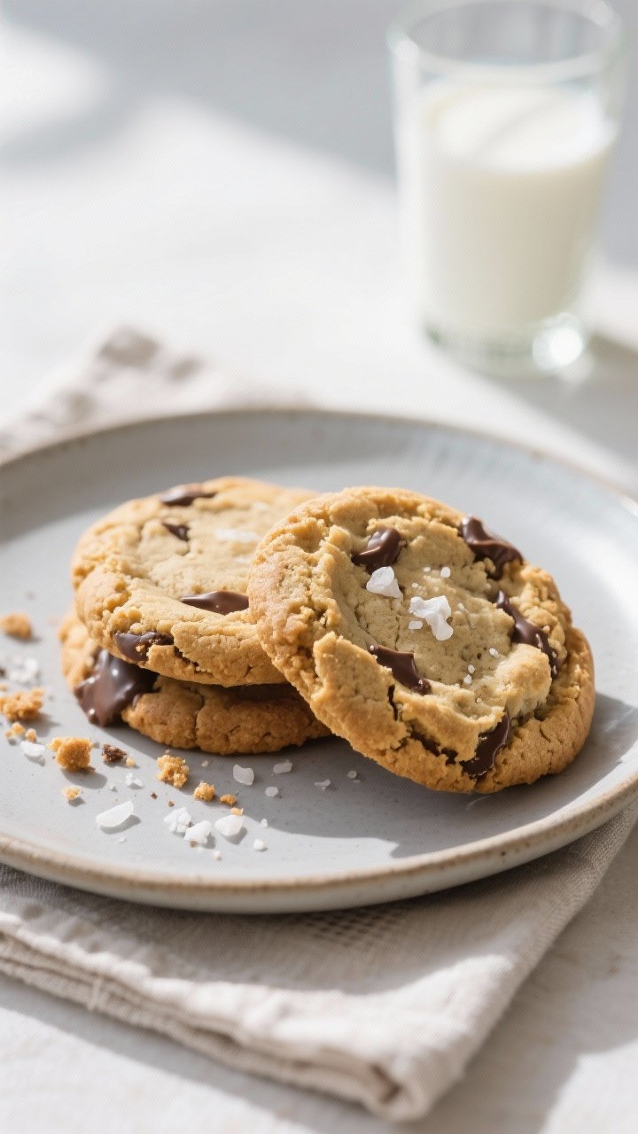 Final presentation plate: two oversized cookies stacked slightly offset on a matte ceramic plate, on