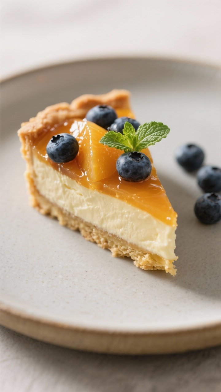Final slice presentation: A single neat slice of fruit tart on a matte ceramic dessert plate, layers