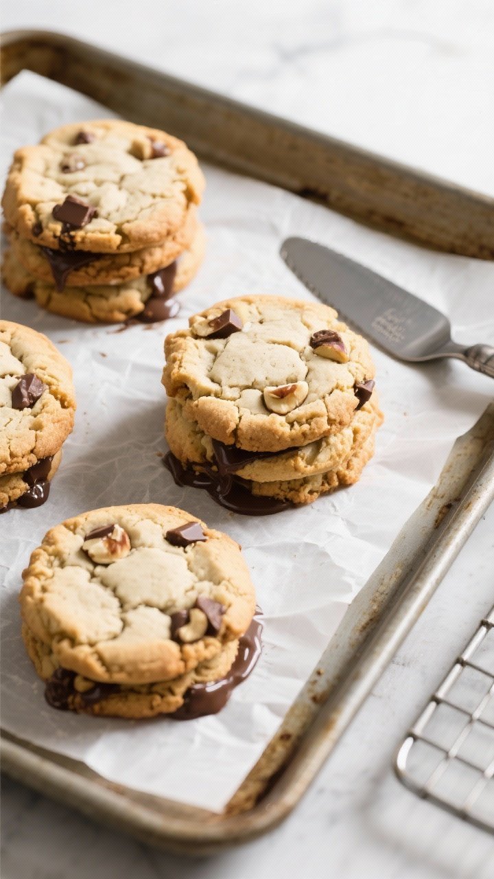 Overhead “tasty top view” of a parchment-lined baking sheet holding 4 towering, just-baked cooki