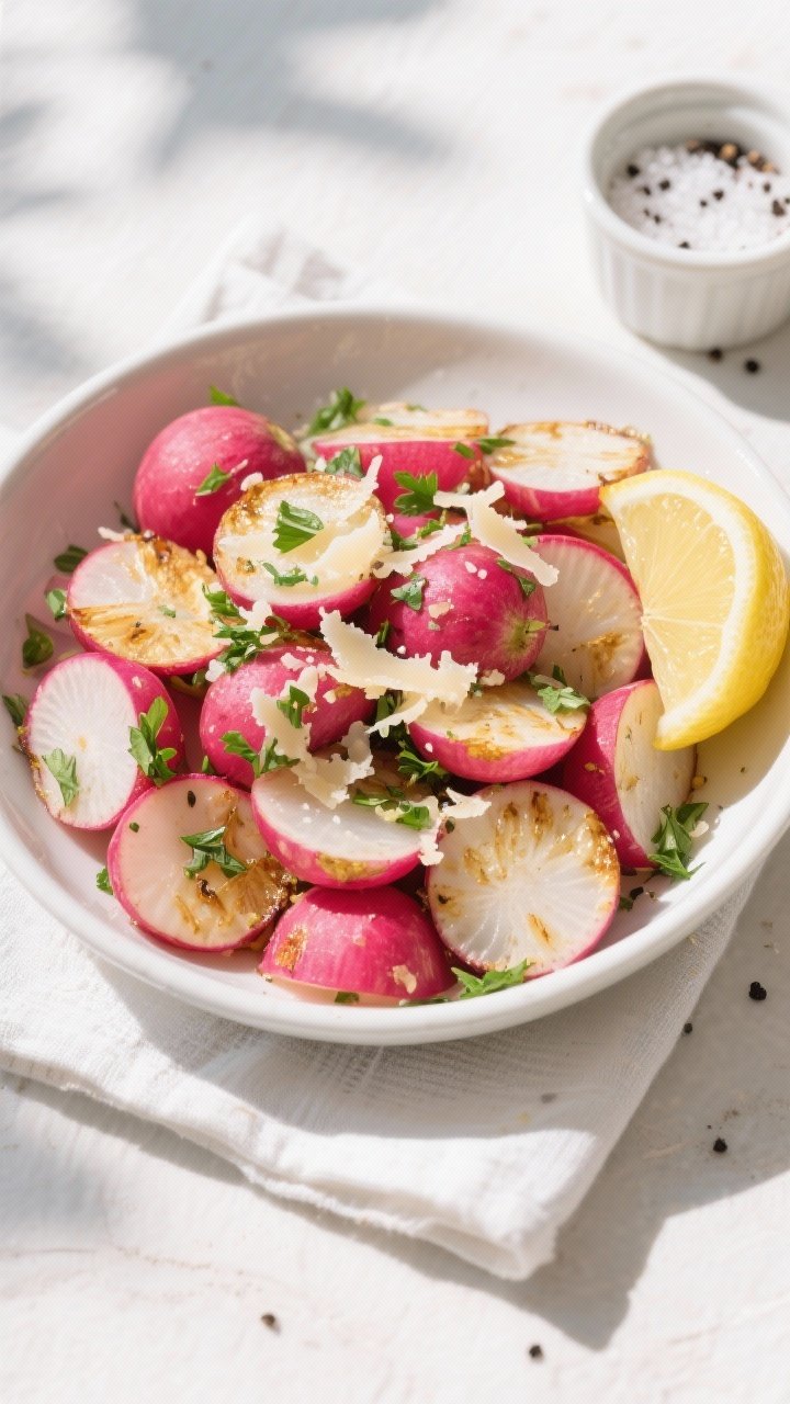 Overhead “tasty top view” of the final dish: a wide, top-down shot of garlic herb roasted radish