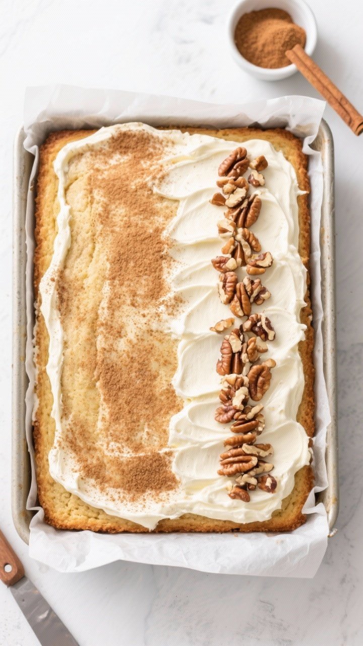 Overhead top-down shot of a 9x13 banana sheet cake still in the parchment-lined pan, fully cooled an
