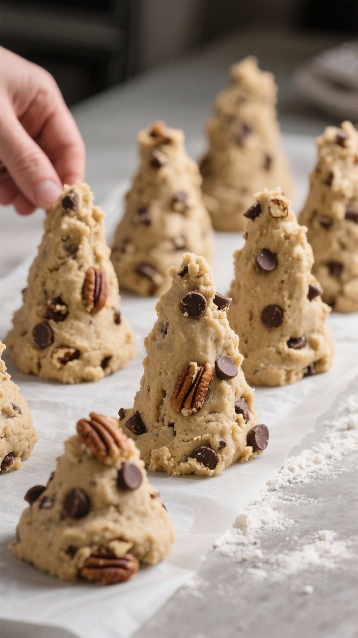 Process action shot: tall, rough mounds of cookie dough (already shaped and ready to bake) arranged 