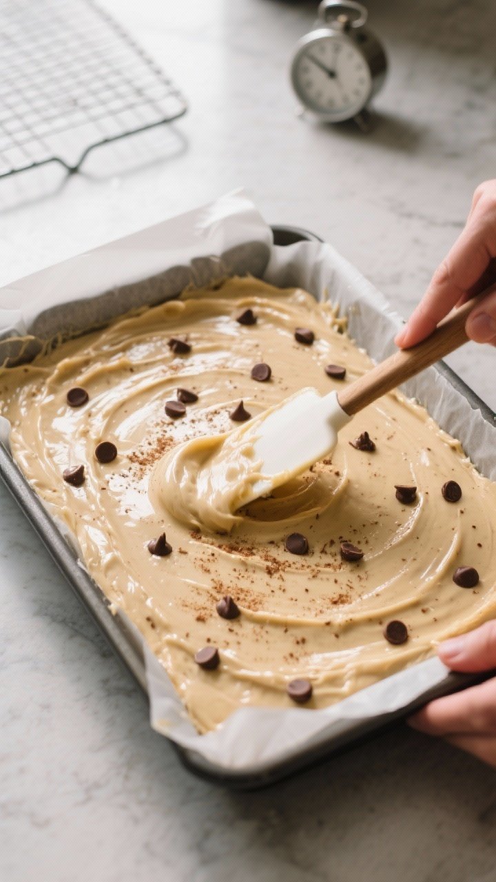 Process-in-action shot: the banana cake batter being smoothed in a parchment-lined 9x13 pan with a s