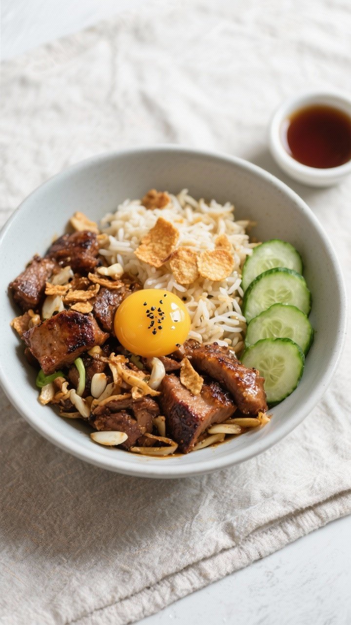 Tasty top view: Brunch-style tapsilog bowl—overhead composition showing a generous portion of tapa