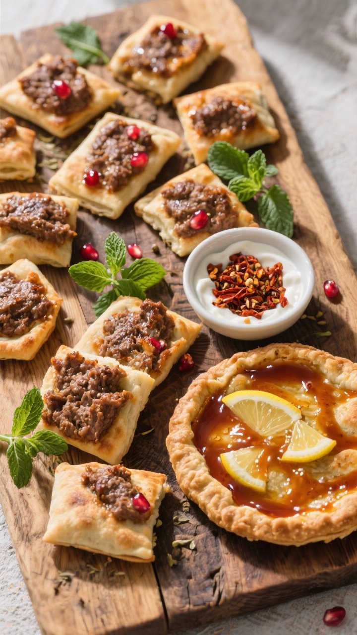 Tasty top view: Family-style spread of small lahmajeen fatayer arranged on a rustic wooden board, li