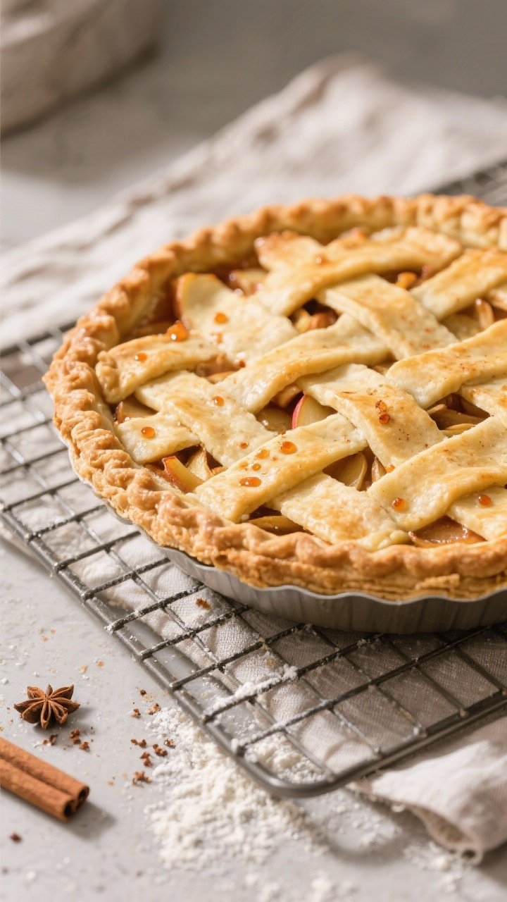 Tasty top view: Finished apple pie on a cooling rack, overhead angle highlighting the even, deep gol