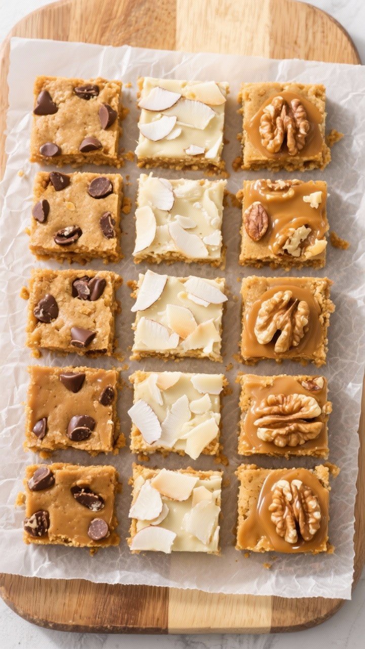 Tasty top view: Overhead board of assorted blondie variations cut into 16 small squares—classic ch