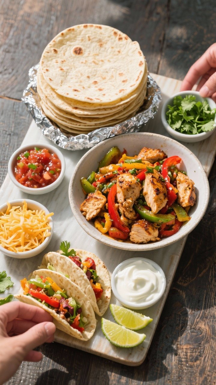 Tasty top view: Overhead board spread of build-your-own fajitas—stack of warmed tortillas in foil,