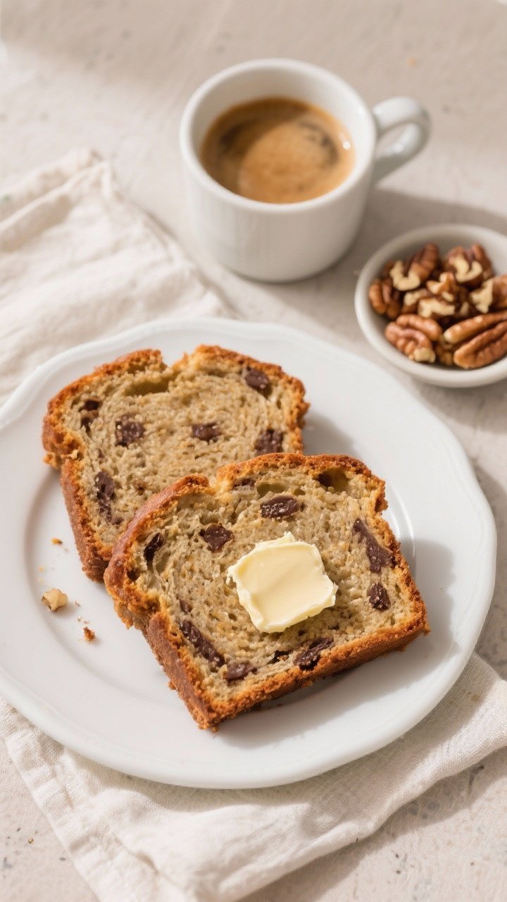 Tasty top view: Overhead breakfast scene with two neatly cut slices of banana bread on a simple whit