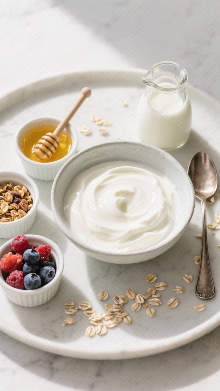 Tasty top view: Overhead breakfast spread featuring a central bowl of chilled Greek yogurt with a gl