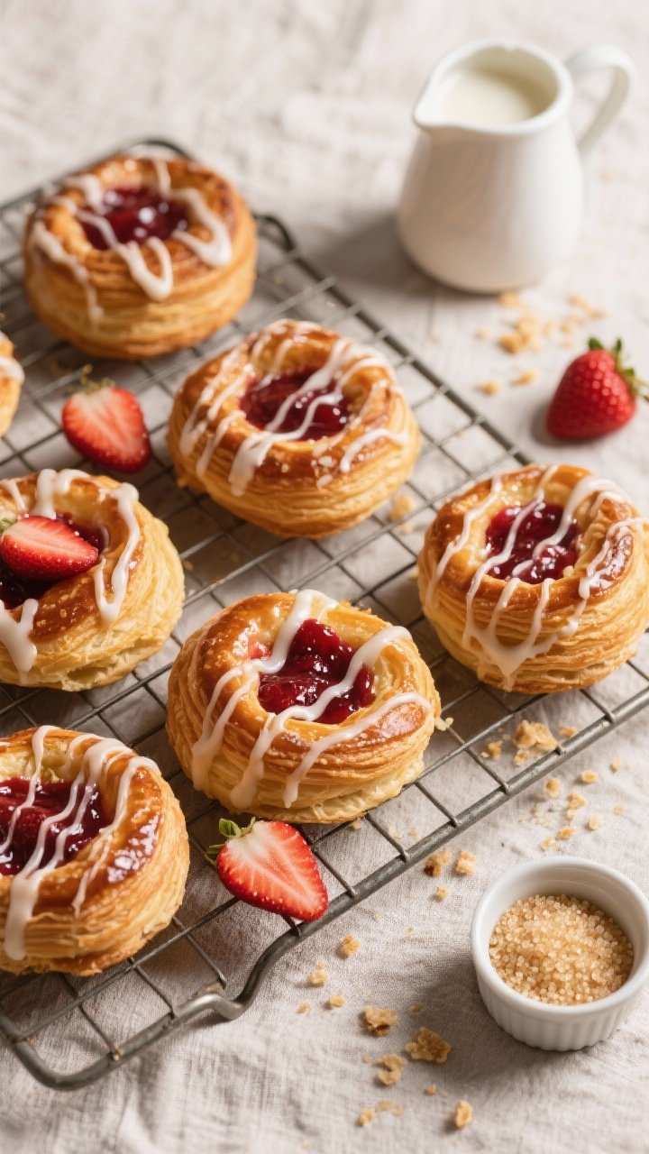 Tasty top view: Overhead brunch scene of baked strawberry Danishes arranged on a wire cooling rack, 