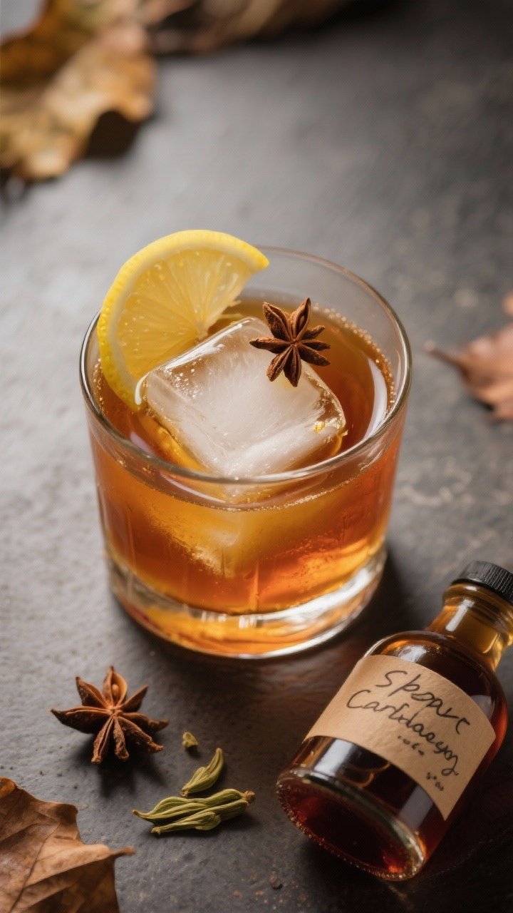 Tasty top view: Overhead cocktail tableau featuring a short rocks glass with a whiskey + Spiced Pear