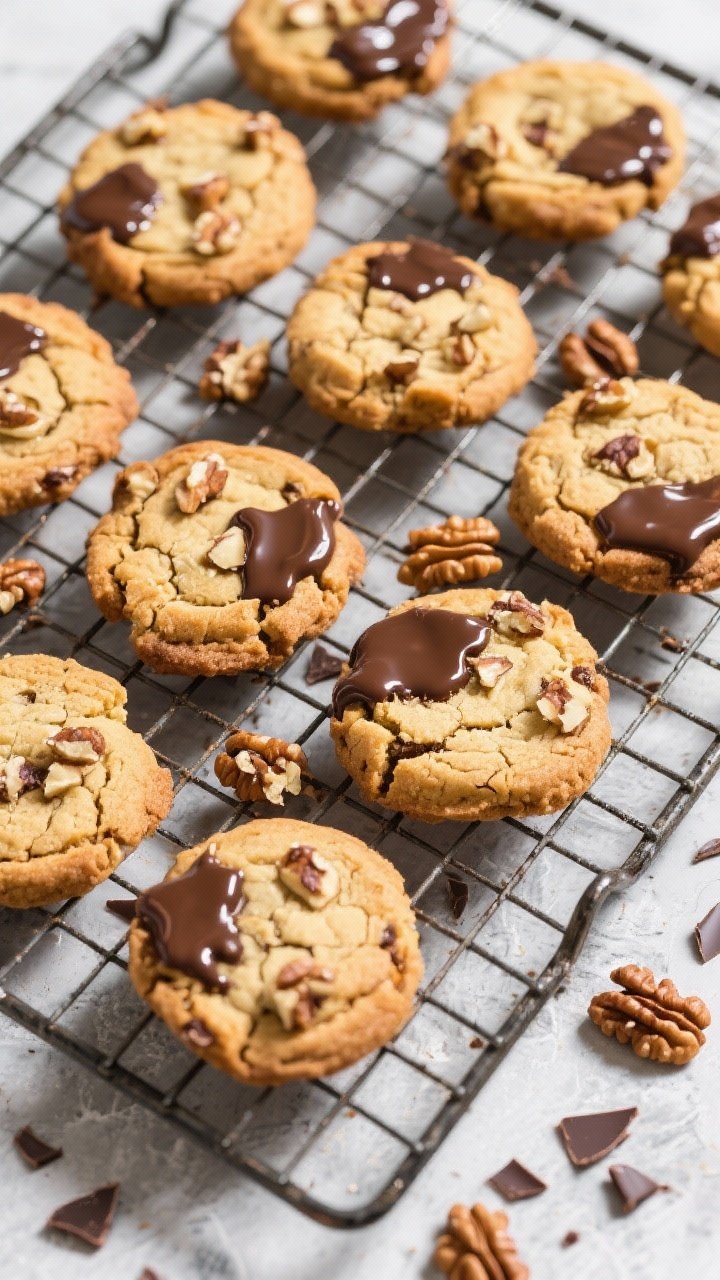 Tasty top view: Overhead hero shot of a cooling rack filled with golden-brown cookies, some with cho