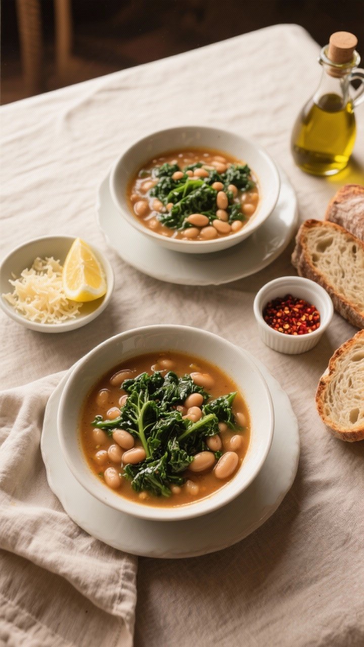 Tasty top view: Overhead hero shot of a cozy dinner setup—two bowls of the soup side by side showi