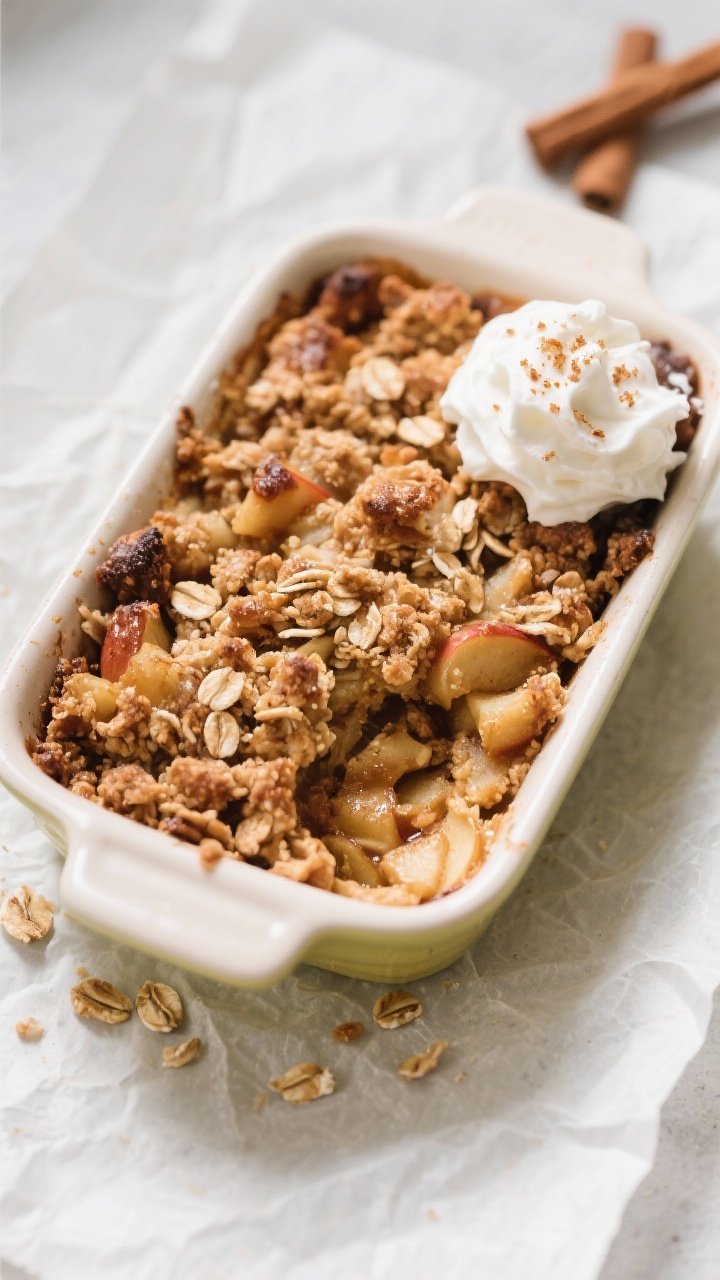 Tasty top view: Overhead hero shot of a small baking dish apple crisp (family-style) with a deeply b