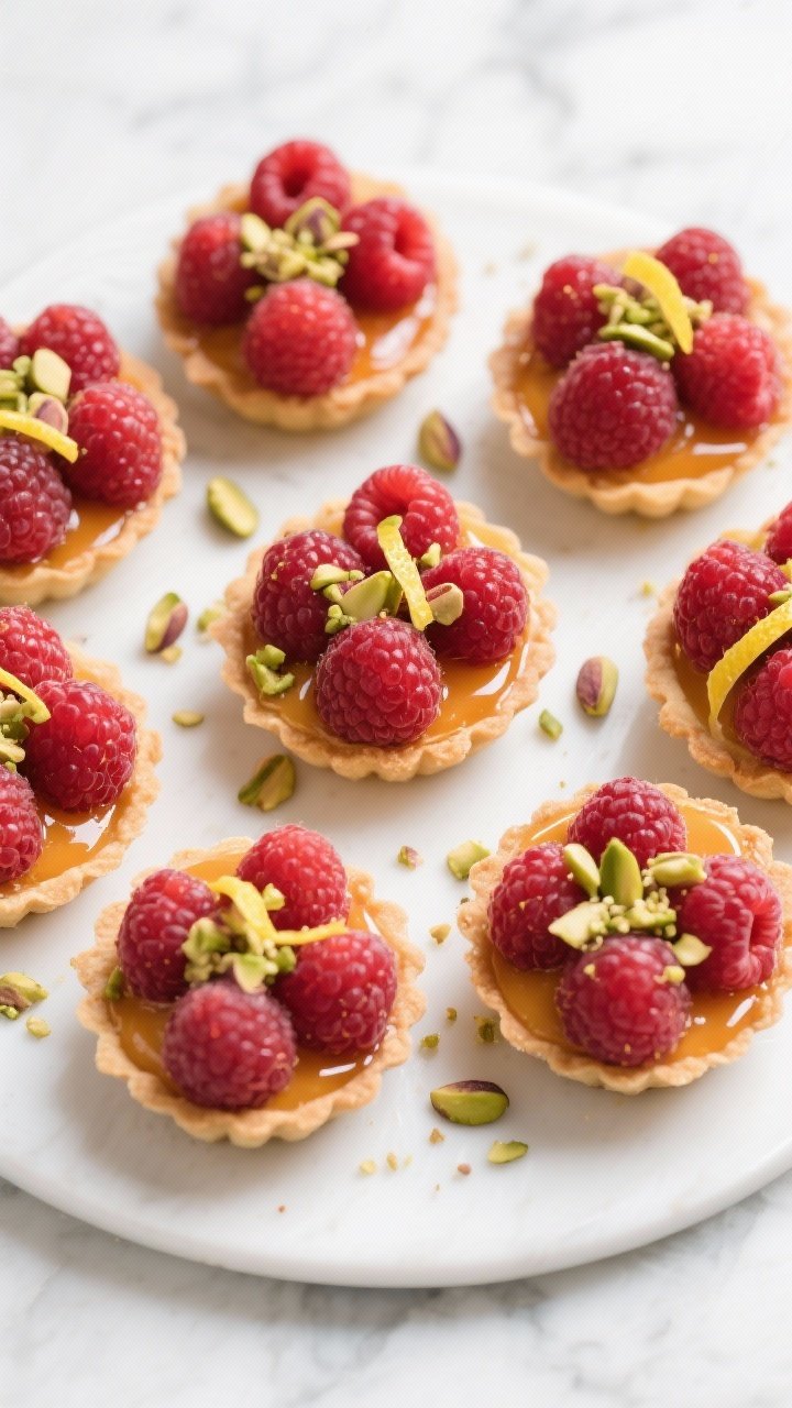 Tasty top view: Overhead, jewel-like arrangement of finished pistachio raspberry tartlets—raspberr