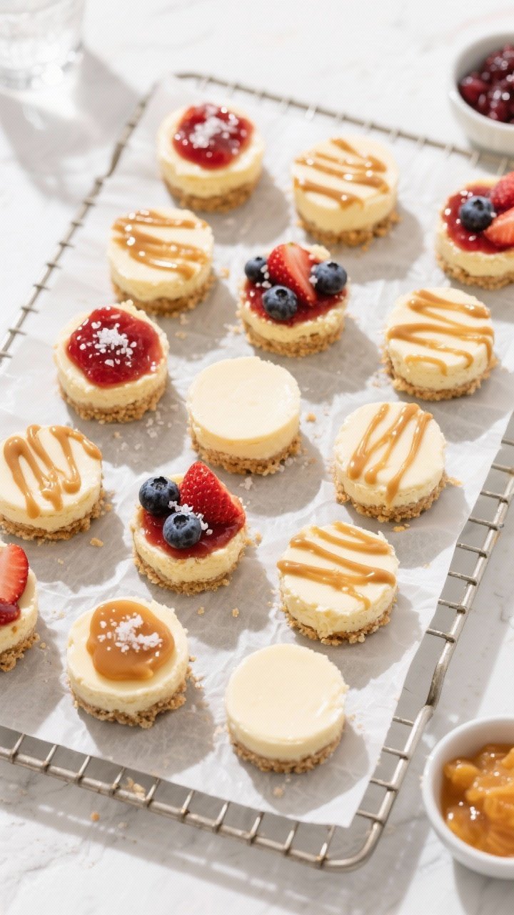 Tasty top view: Overhead party-ready scene of a dozen chilled mini cheesecakes arranged in a loose g