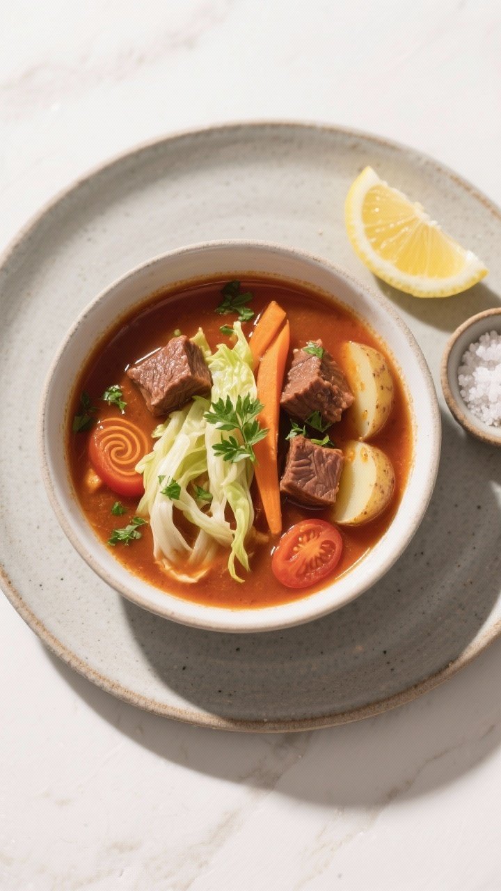 Tasty top view: Overhead plated scene featuring a full bowl of soup with balanced distribution of be